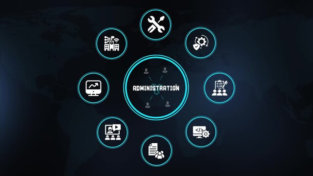 Administration business concept with document management, corporate coordination, office workflow, organizational support and digital technology icons