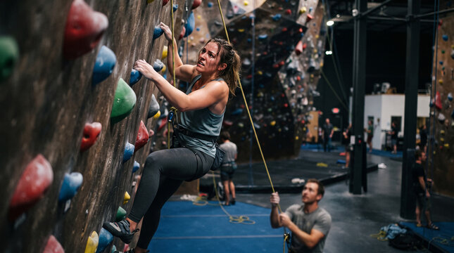 Woman climbing indoors on a challenging rock climbing wall with spotter
