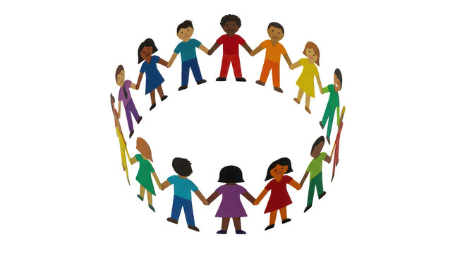 Diverse group of happy children holding hands in a circle together isolated on transparent background