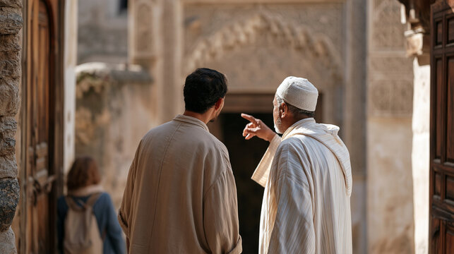 A Moroccan guide accompanies a solo traveler on foot through a narrow medina alley at midday, pointing to historic doorways and carved plasterwork above, depicting cultural