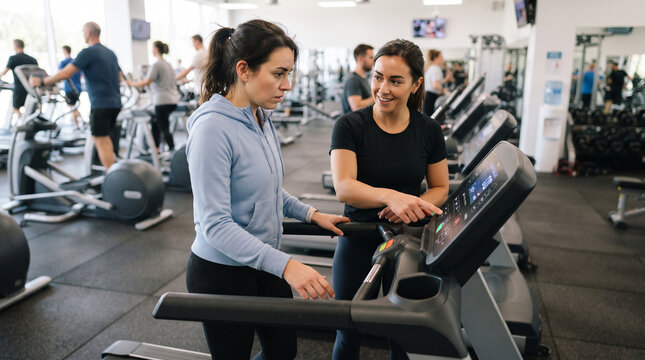 Two women interacting at a modern gym with cardio equipment