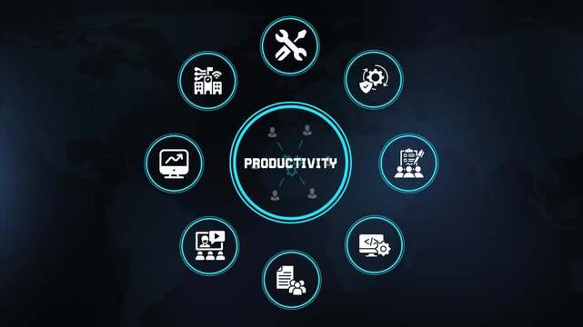 Productivity business concept with performance growth, workflow efficiency, employee output and digital corporate analytics technology icons