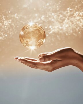 Golden glass sphere floating above a hand, featuring glowing sparkles and a soft festive light for a luxury beauty mockup