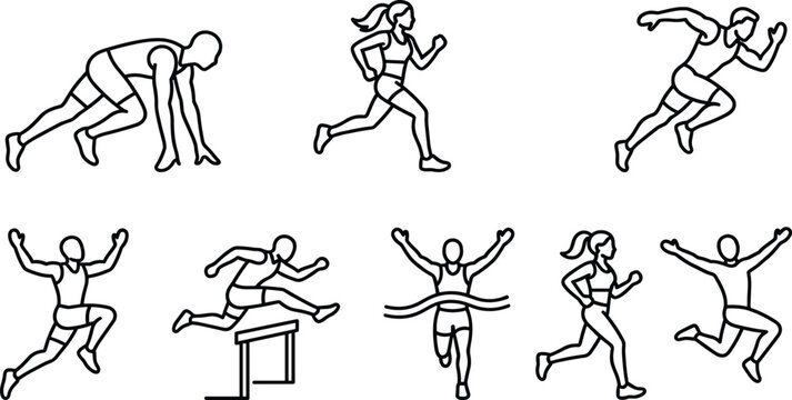 Running and Track Athletics Line Icon Set Featuring Sprinters, Hurdling, Marathon Runners, and Finish Line Victory Vector Symbols