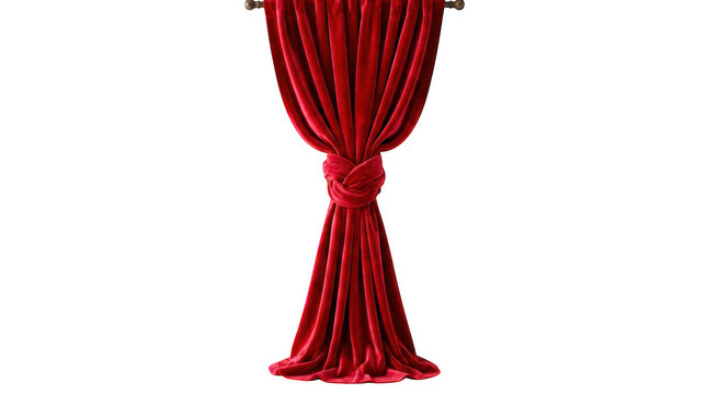 Elegant red velvet curtain hanging and tied in the middle isolated on transparent background