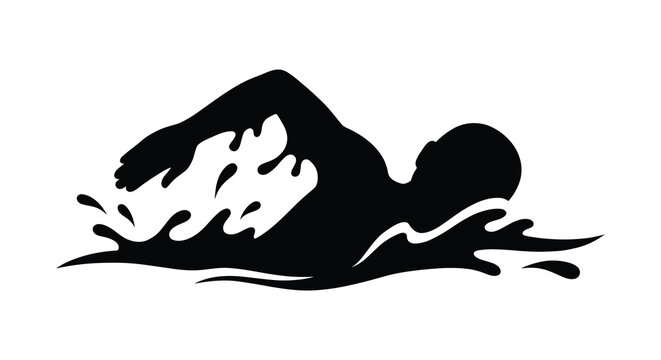 Swimmer in freestyle stroke black silhouette against a white background