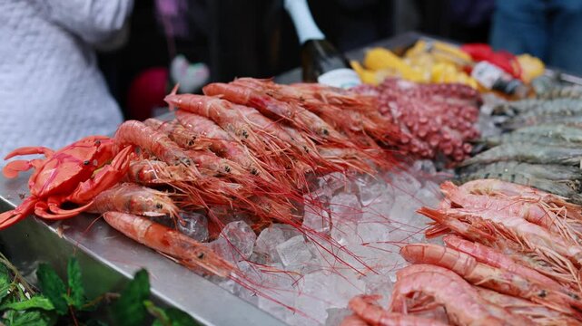 Fresh shrimp and octopus on crushed ice at seafood market stall. Display of marine delicacies for sale at street food market. Healthy fish food concept.