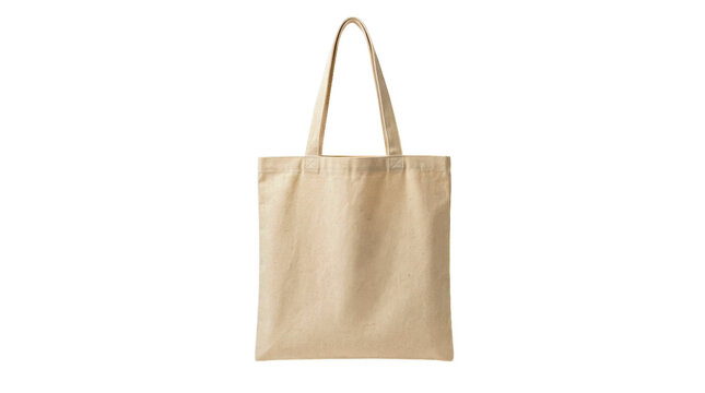 Empty beige cotton canvas tote bag for shopping and daily use isolated on transparent background