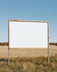 Obraz premium Blank rectangular sign in a weathered wooden frame standing in a rural field, featuring a matte white surface for mockup and copy space