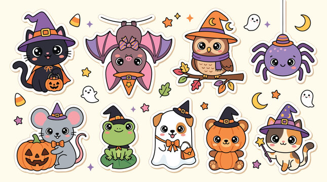 Kawaii Halloween Animals Sticker Collection - Black Cat, Owl, Bat, Spider, Mouse, and Frog in Costumes Vector