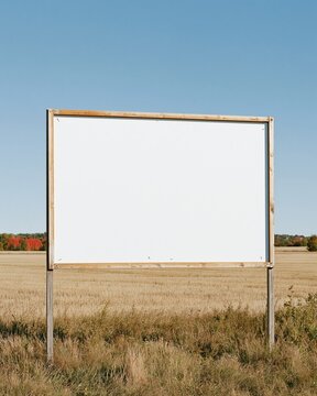 Blank rectangular sign in a weathered wooden frame standing in a rural field, featuring a matte white surface for mockup and copy space