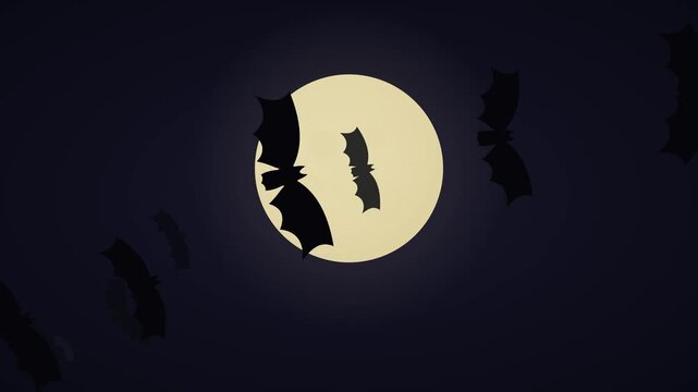 Dramatic cinematic Halloween scene featuring a swarm of silhouetted bats flying across a glowing full moon at night. Multiple layers of bats create depth, movement and spooky atmosphere for Halloween