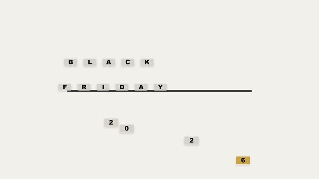 Premium Black Friday 2026 kinetic typography animation featuring a modular retail signage system assembling into a bold promotional headline, with architectural motion, physical alignment, and a clean