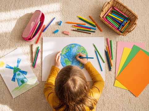 Top view of child drawing Earth planet with art supplies on carpet for World Children's Day