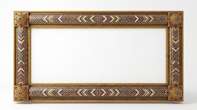 Intricate marquetry wood picture frame with geometric inlay patterns. Decorative wooden border featuring mosaic craftsmanship. Ornate timber frame for art displays and luxury interior mockups.
