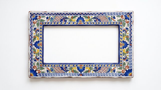 Mediterranean ceramic tile frame with blue and yellow floral patterns. Ornate talavera style border for photos or mirrors. Traditional hand painted pottery frame isolated on white background.