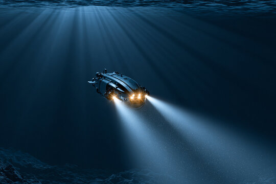 Autonomous Underwater Vehicle Suspended in Deep Ocean Water illuminated by Sunbeams