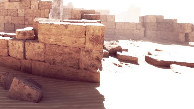 Sunlight bathes the weathered stones of ancient ruins in a golden hue. Desert sands surround the crumbling walls, hinting at a lost civilization and stories untold, inviting discovery and exploration.