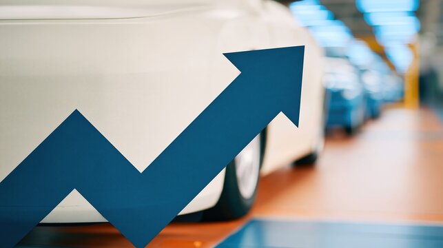 Car in a manufacturing facility with a blue growth arrow overlay, featuring a clean glossy finish for industry and finance campaigns