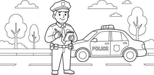 Police officer writing notes next to patrol car outline illustration for coloring book © MstRina