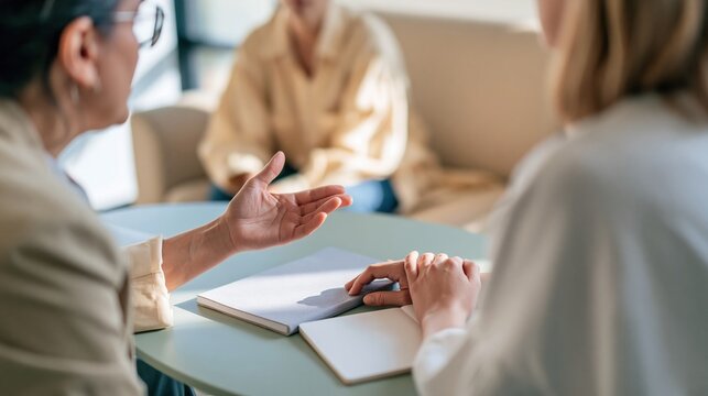 Psychologist gesturing during a consultation with a client, featuring a soft-lit office and blank notebook for mental health care and therapy
