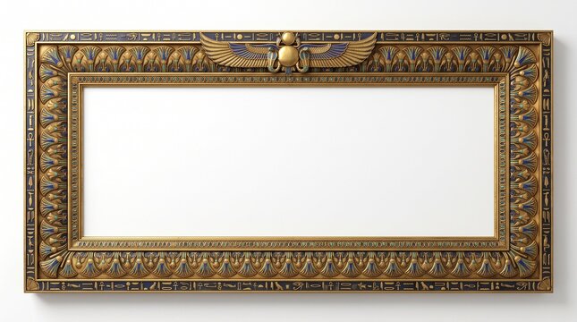 Ancient Egyptian gold frame with winged scarab beetle and hieroglyphic engravings. Ornate bronze picture frame featuring pharaonic motifs. Decorative antique border for historical museum