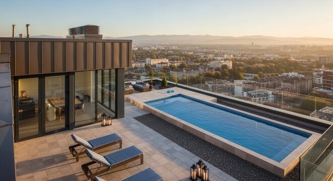 Luxurious Rooftop Infinity Pool Overlooking Cityscape at Sunset