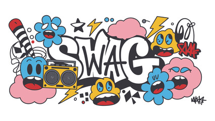 Fototapeta premium Graffiti Style 'SWAG' Illustration: A vibrant, cartoonish illustration featuring the word SWAG in bold graffiti lettering, surrounded by quirky characters, musical notes, and lightning bolts.