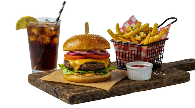 Fresh beef burger with french fries and cold soda on wooden board isolated on transparent background