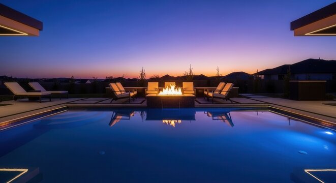 Luxury Backyard Oasis With Pool And Fire Pit At Twilight