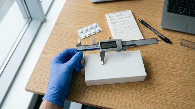 Pharmaceutical drug label measurement and approved specification compliance | high angle document view