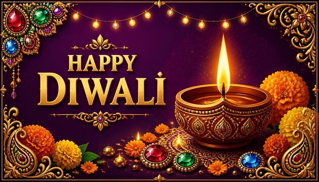 Happy Diwali background with glowing oil lamp, marigold flowers, and luxury jewelry ornaments