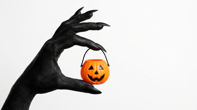 Black-painted witch hand with long pointed nails holding a miniature orange pumpkin candy bucket on white background with copy space, Halloween concept.