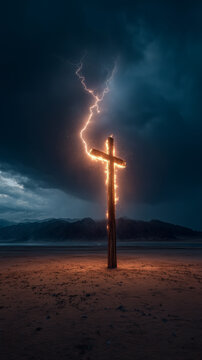 Extreme fish-eye lens perspective scene, lightning bolt striking a tall wooden cross standing alone in the vast desert, nighttime, cross erupting in vivid flames, dark stormy sky, distant mountains.