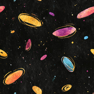Seamless Watercolor Pattern of Colorful Galaxies on Black Textured Paper, Cosmic Universe Theme