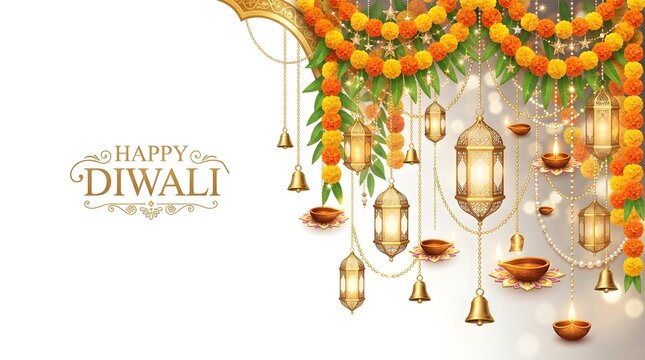 Happy diwali greeting card with hanging golden lanterns, marigold flower garlands, and traditional oil lamps isolated on white background