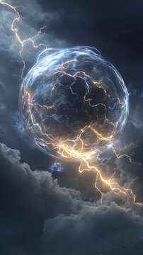 A glowing electric sphere floating in a dark stormy environment, surrounded by lightning arcs, high-voltage sparks and glowing energy trails.