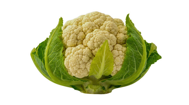 Fresh organic cauliflower head with green leaves isolated on transparent background