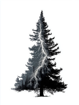 Silhouette lightening bolt striking pine tree White background.