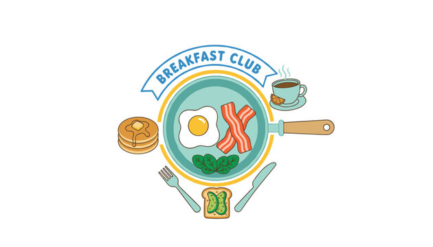 Breakfast club circular emblem showing a plate with fried egg bacon and spinach surrounded by coffee and pancakes.