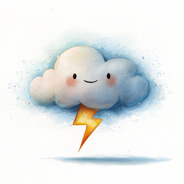 A cute cloud with a lightning bolt with a smile, in a watercolour style, on white background.