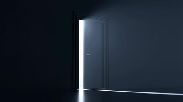 Opening doorway in a dark interior releases intense light across the floor. Inspirational presentations, business transformation campaigns, and personal development content.
