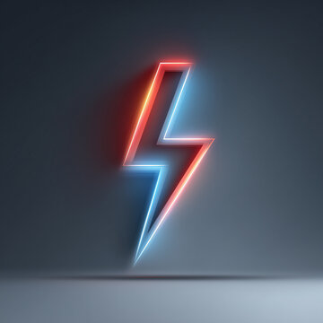 Logo, a vector graphic of a lightning bolt with a red and blue glow on a gray background, in a minimalistic style.