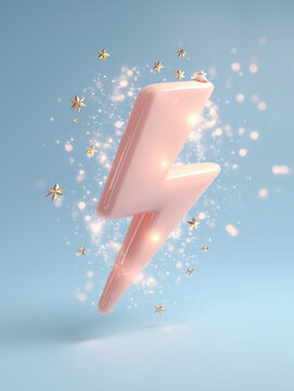 In a toy-like, rounded 3D style, there is a very large, softly glowing light salmon-pink lightning bolt 3D model in the center of the image. Stars.