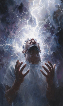 A figure with their head tilted back, mouth open showing expression of overwhelming amazement, hands raised toward the sky in reverence, surrounded by jagged lightning bolts and electrical energy.