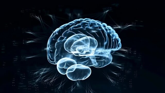 Glowing human brain rotates with radiating neural lines in a dark digital environment. Neuroscience education, medical research presentations, and neurology communication.