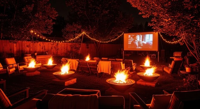 Magical Backyard Movie Night With Fire Pits and String Lights