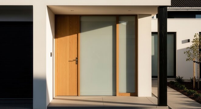 Modern Wood And Frosted Glass Entrance Door With Dramatic Sunlight And Shadows
