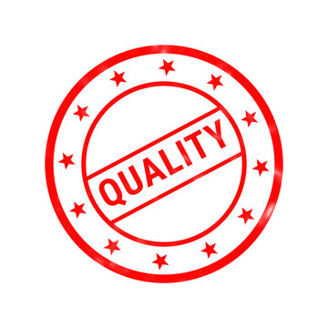 Red quality stamp on white background, circular rubber seal with stars, premium product guarantee icon