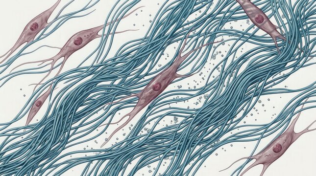 Ultra-detailed microscopic tissue visualization of fibroblast cells embedded within a dense extracellular collagen matrix, elongated spindle-shaped cells 